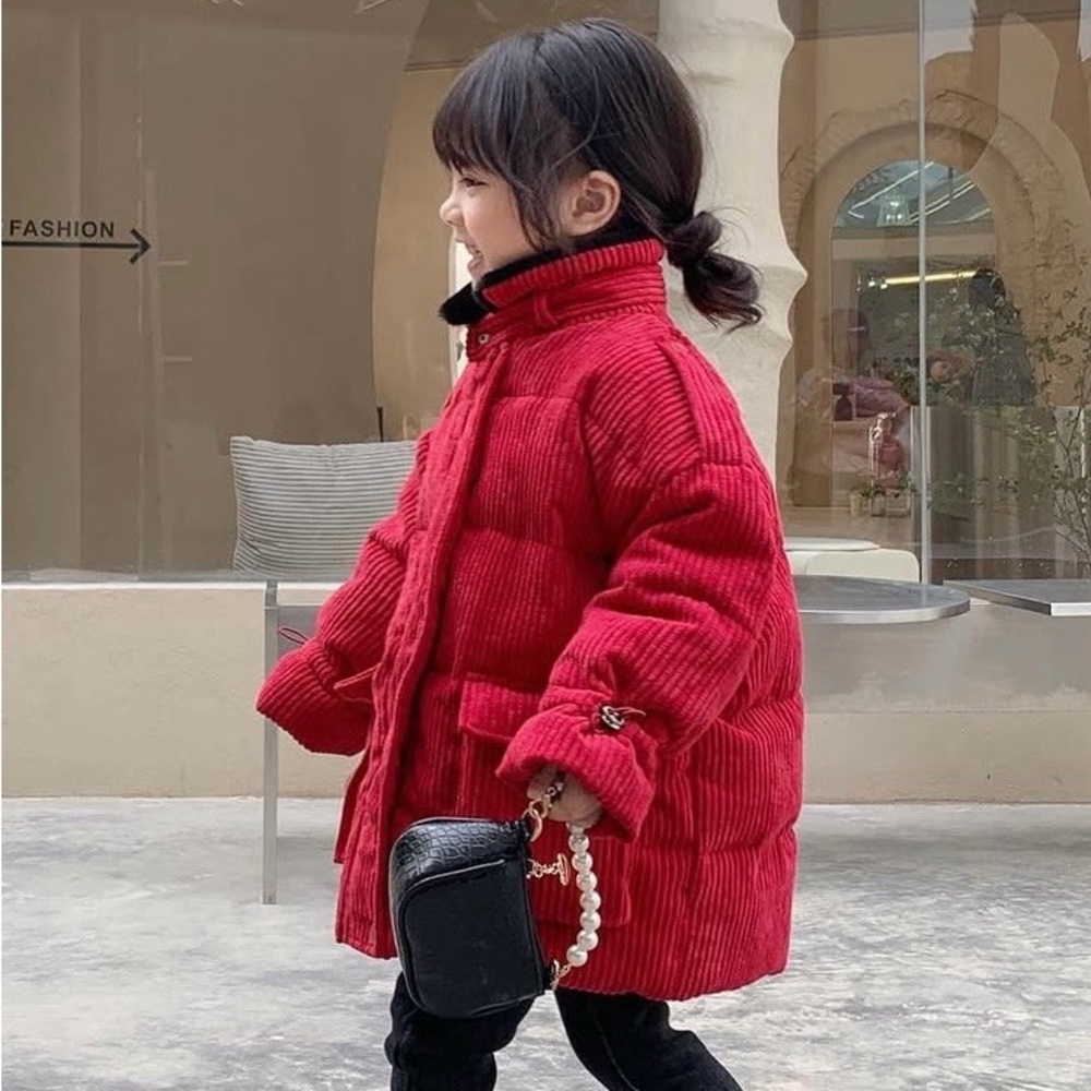 Red Corduroy Puffer Jacket for Kids